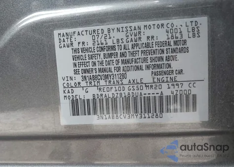 2021 Nissan Sentra Sv Xtronic Cvt из США, поврежденный, VIN 3N1AB8CV3MY311280